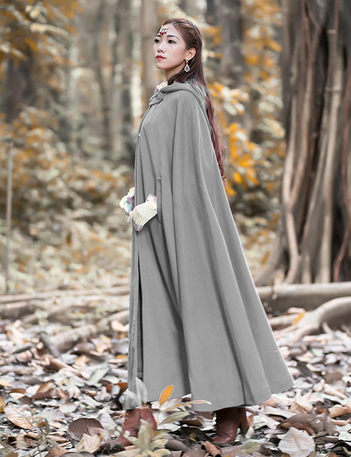 Flygo Women Wool Blend Hooded Cape Fall Winter Cloak with Hood Windproof Poncho Maxi Coat - Image 2
