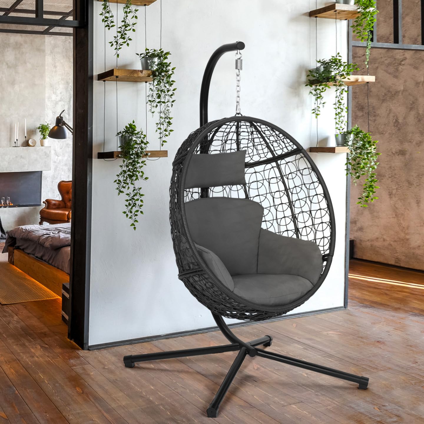 IDMarket - Fauteuil Oeuf Suspendu ajouré Effet rotin Gris avec Coussin Gris