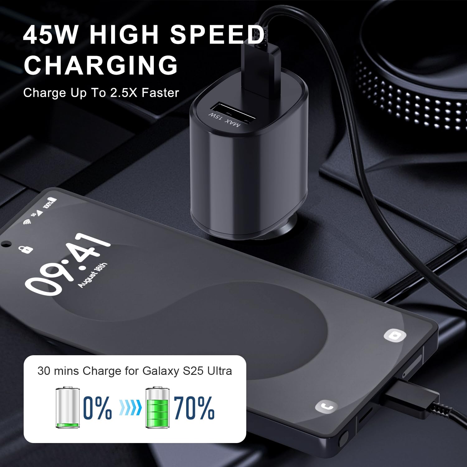 Cargador de coche dual súper rápido (45 W + 15 W), doble puerto USB-C y USB-A blanco, cable de 6.5 pies para Samsung S25, S24, S23, S22, color negro
