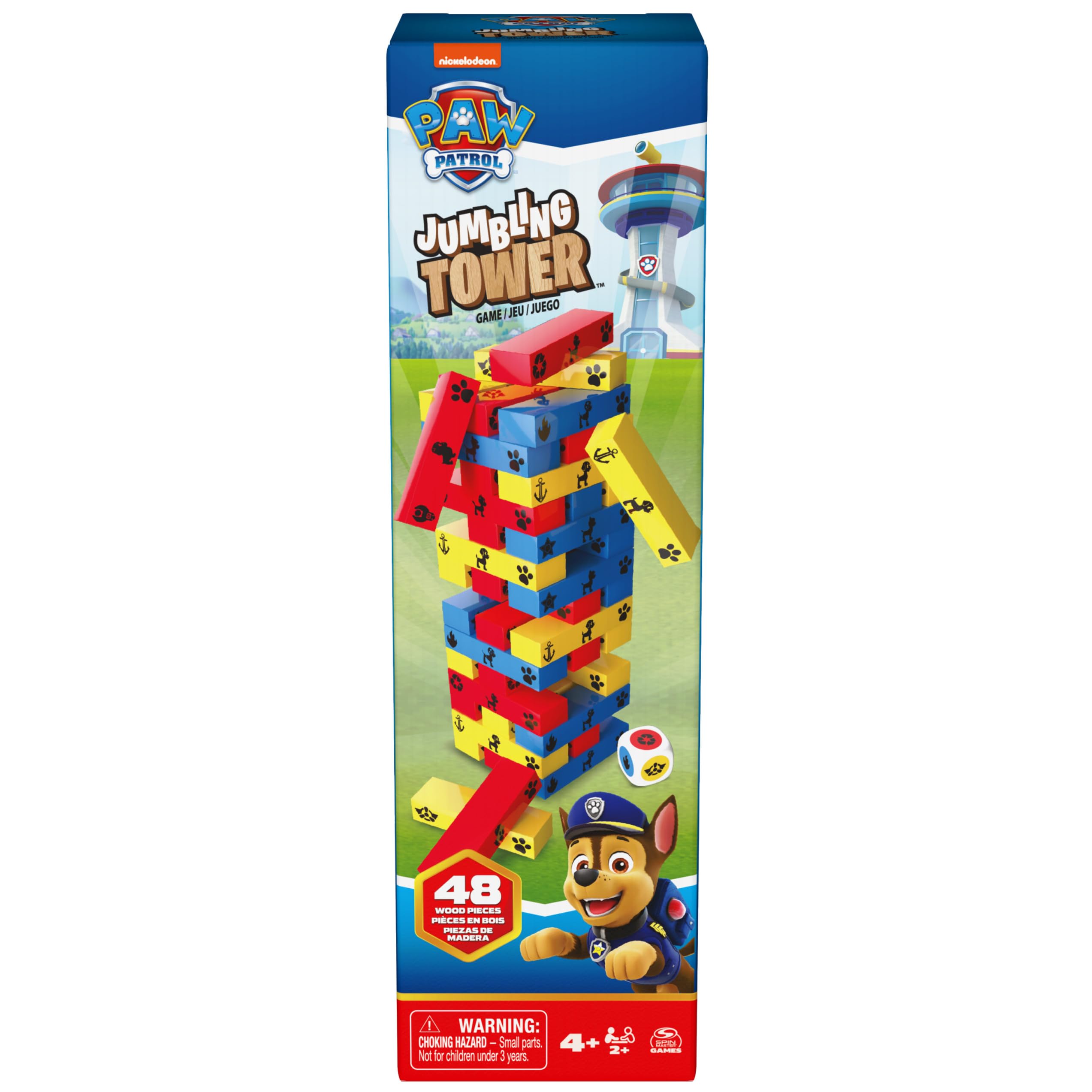 PAW Patrol Jumbling Tower by Spin Master Games, kolorowa gra drewniana Stacking Building Toppling dla dzieci PAW Patrol Toys, dla przedszkolaków w wieku 4 lat i starszych | Wieża budowlana - 48 elementów z drewna i kości - zestaw do budowania - dla 2 grac