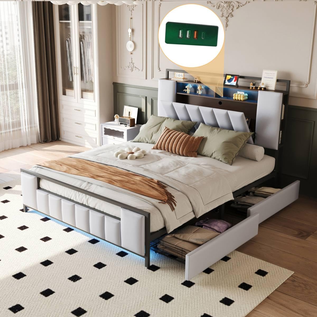 Letto Matrimoniale 160x200 Cm Con LED E USB - Testiera Imbottita, Tessuto Lino Beige, Multifunzionale