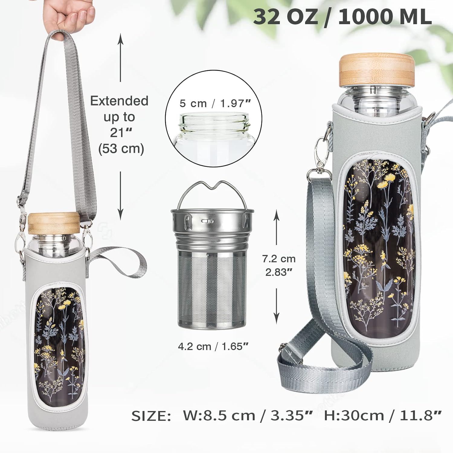 32oz Borosilicate Glass Water Bottle with Tea Infuser, Tea Tumbler with Strainer, Reusable Travel Mug with Sleeve & 2 Lids, for Hot or Cold Drinks - Image 6