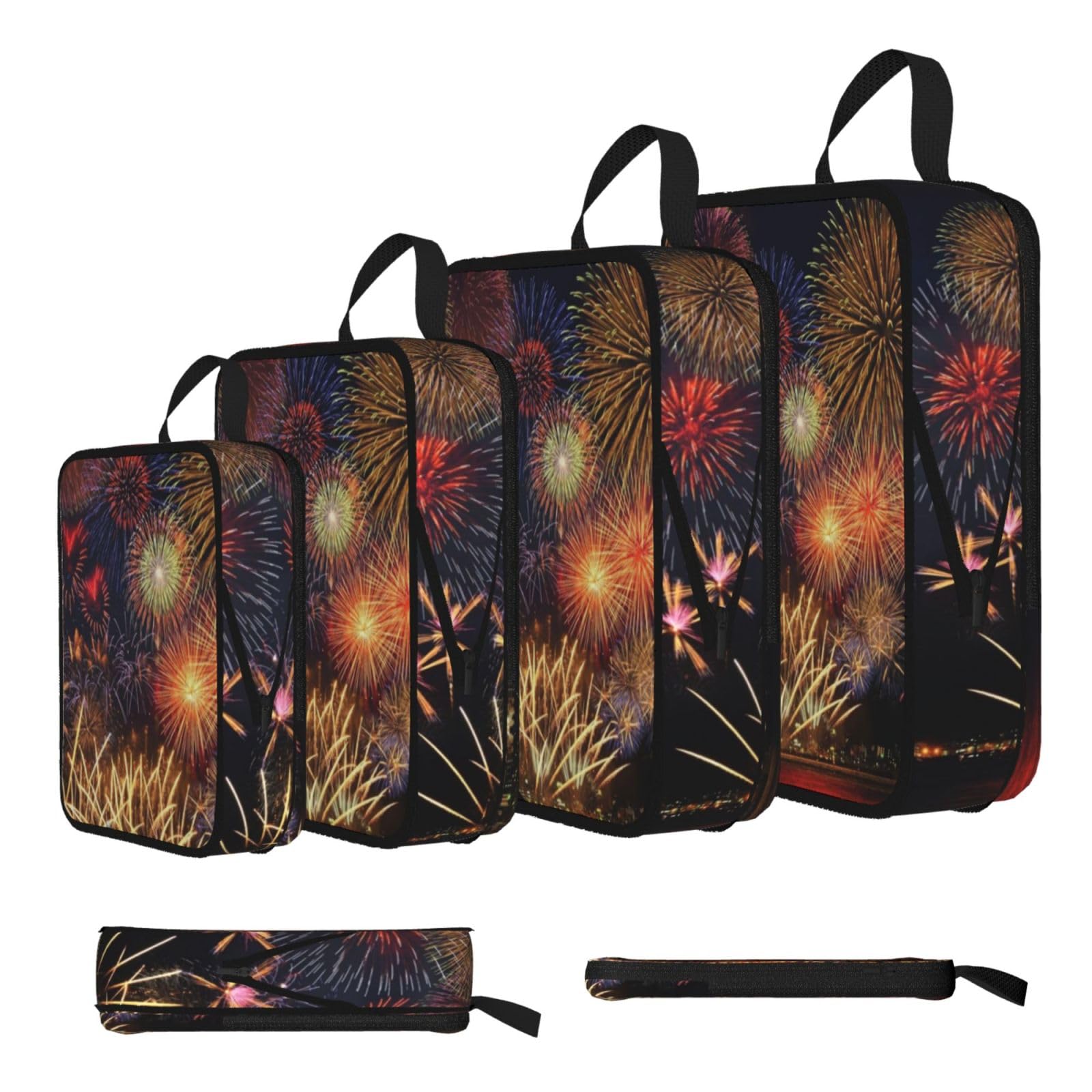 Fireworks Print Compression Packing Cubes 4-Piece Set With Multi- Compartment Travel Bag, Waterproof Suitcase Organiser Bags