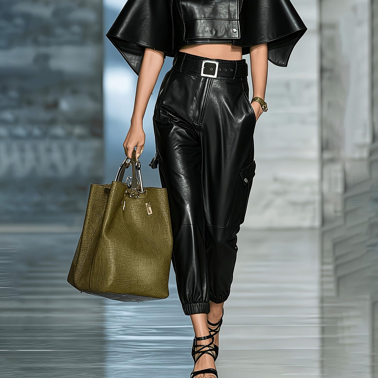 Pantaloni cargo da donna a vita alta, gamba larga, effetto pelle, pantaloni | Pantaloni da donna in pelle, morbidi, comodi, casual, streetwear, hip-hop, con vita elasticizzata, con tasche