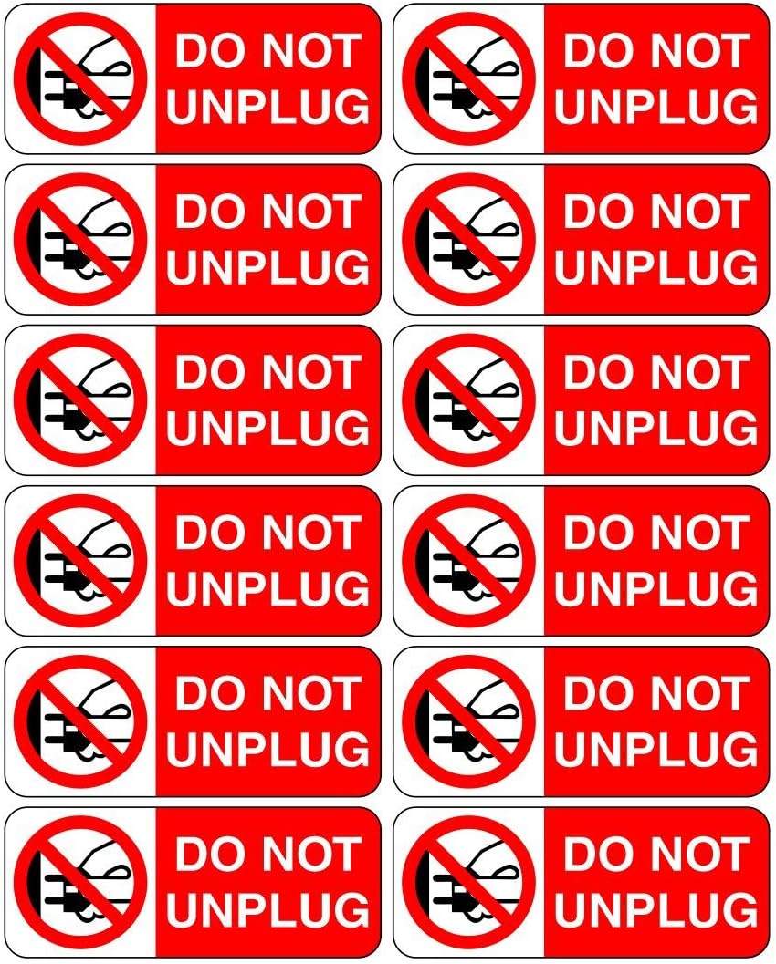 Pack of 12 Socket Signs Do not Unplug self Adhesive Vinyl Stickers 50mm x 20mm for use Above Plugs on Electrical Wall sockets