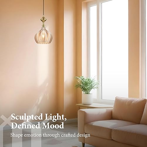 Miniatura 6 de Lámpara colgante moderna de cristal, 9 x 15.3 pulgadas, lámpara colgante a rayas ámbar con tapa dorada, línea ajustable de 15 a 72 pulgadas, enchufe