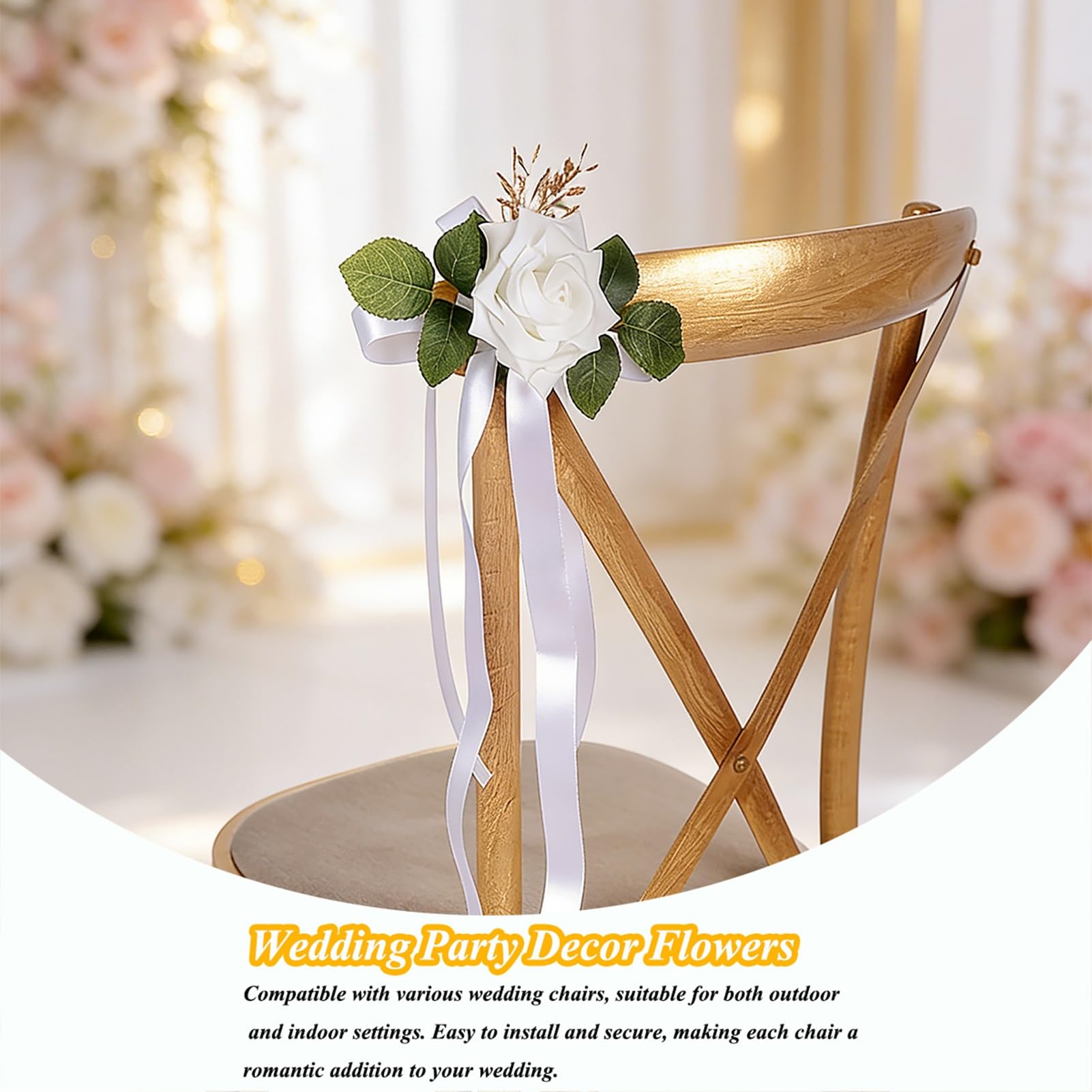 50 décorations chaises Mariage, Décorations Voiture Mariage avec Fleurs artificielles, Décoration extérieure pour réception Mariage(Pink)