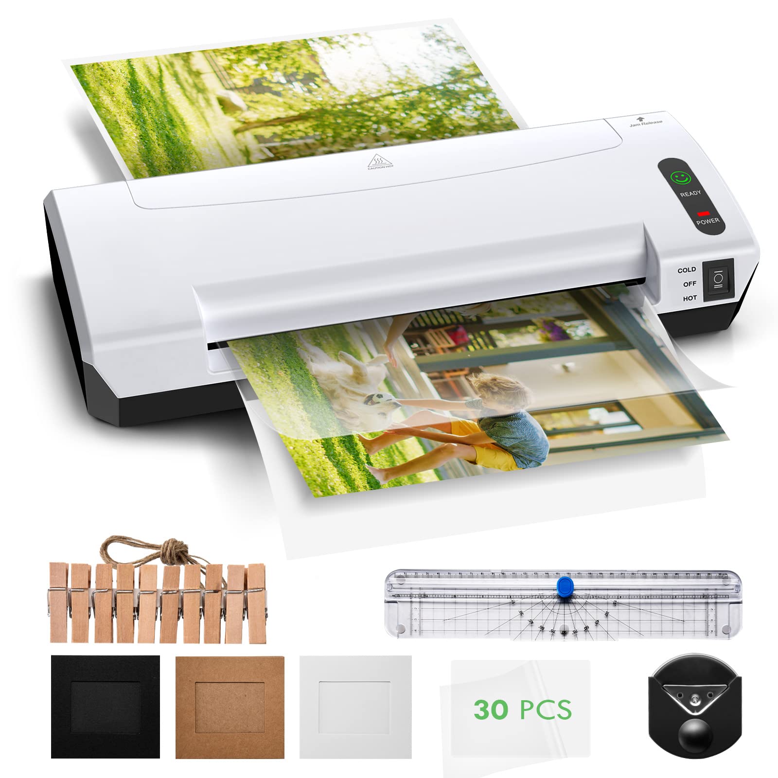 Laminator Machine, 9 Inches Cold and Hot Laminator, 6-in-1 Desktop Laminating Machine with 30 Laminating Pouches, Paper Trimmer, Corner Rounder, Photo Frames Set, A4/A5/A6 Laminator for Office School
