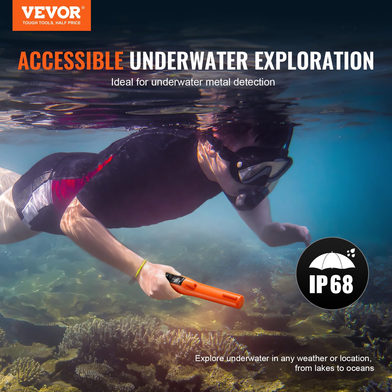 VEVOR Détecteur de Métaux Pinpointer IP68 Entièrement Étanche Pointeur de Métaux Portable Profondeur Détection 114 mm 3 Modes Écran LCD Sonde Chasse au Trésor avec Étui Piles 9 V pour Adultes Enfants
