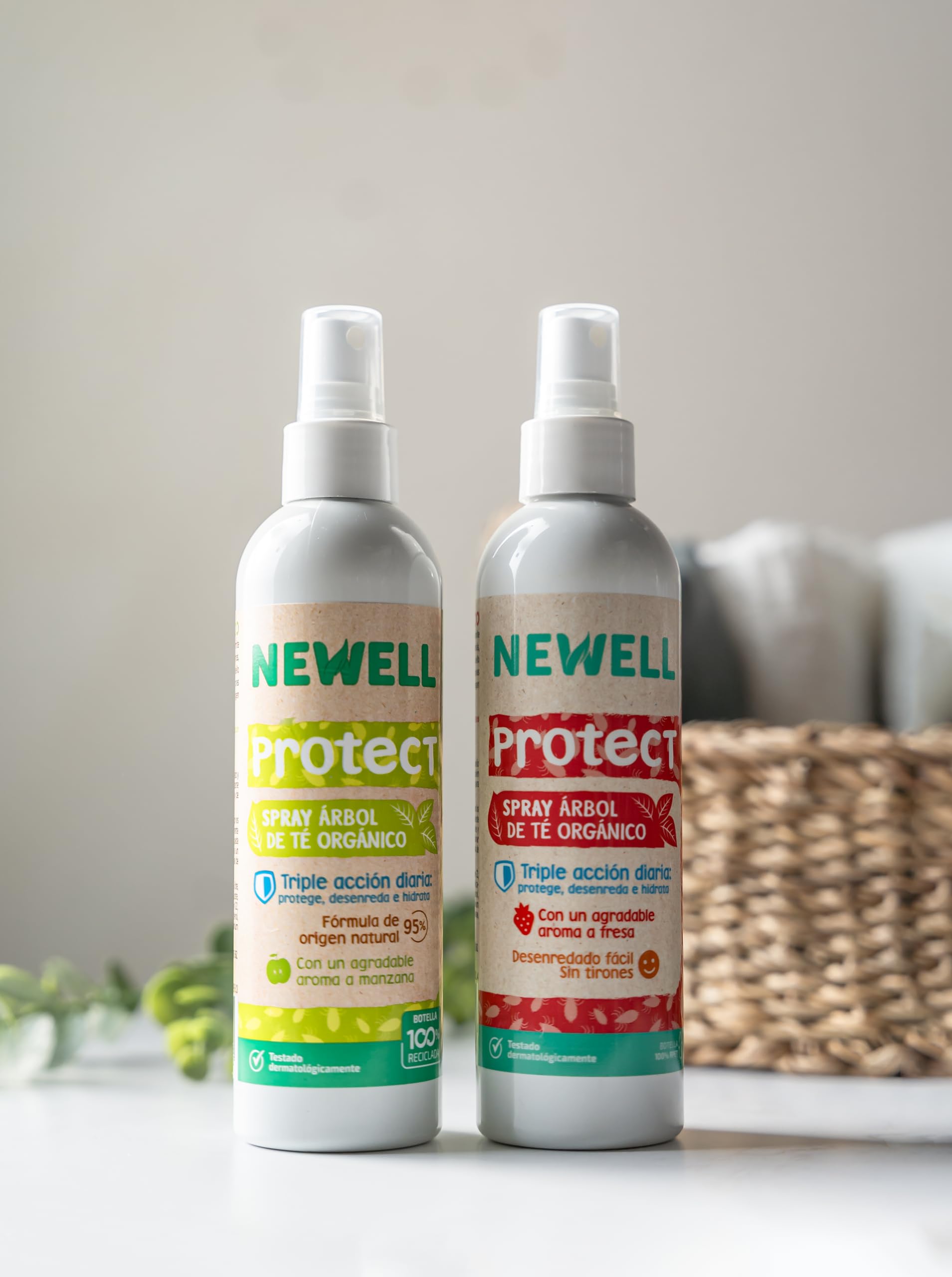 NEWELL | SPRAY ANTIPIOJOS PROTECT Árbol de Té Orgánico | Ideal Para Niños | Ingredientes de Origen Vegetal | Aroma a Fresa | No Daña ni Engrasa el Cabello | Botella 250 ml 100% Reciclada y Reciclable