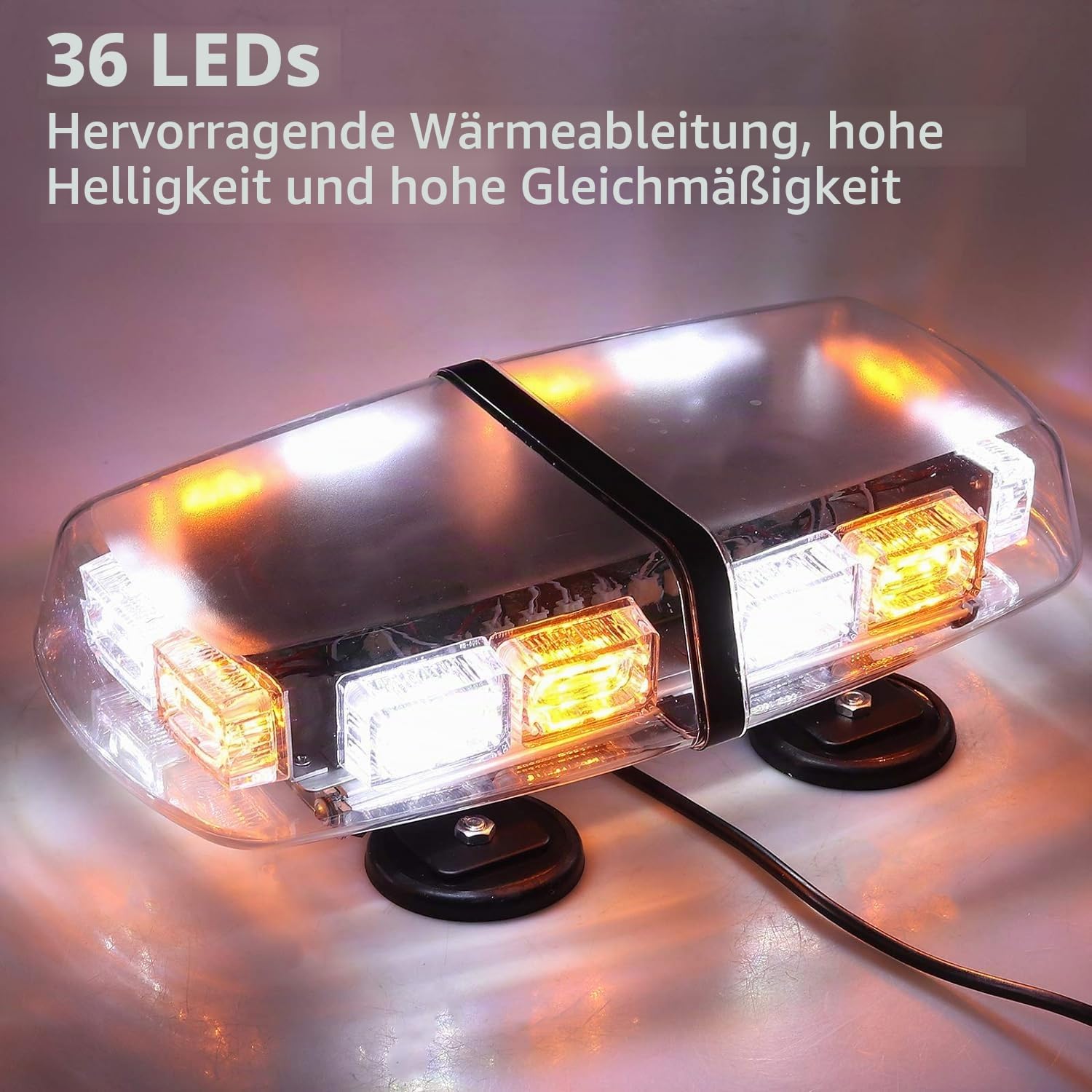PROZOR 36LEDs 12V/24V Notfall Warnblitzlicht 3-Farb Lichtmodus 36W Warnleuchte mit 4 Starker Magnet Auto Rundumleuchte 7 Modi mit Doppelschalter und 5M Netzkabel für Auto LKW SUV -Weiß & Bernstein
