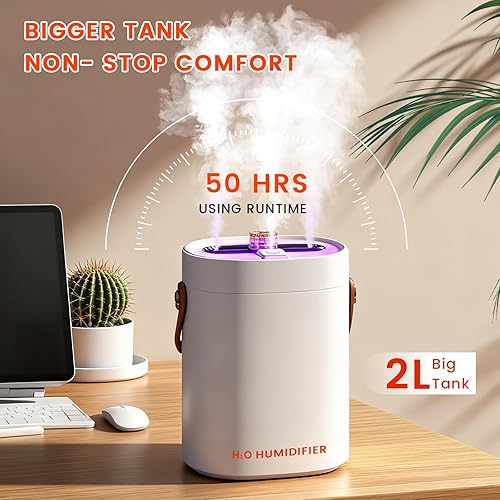 Miniatura 3 de Humidificadores portátiles para dormitorio, llenado superior de 2 litros para habitación grande, 23 dB, tiempo de funcionamiento silencioso,