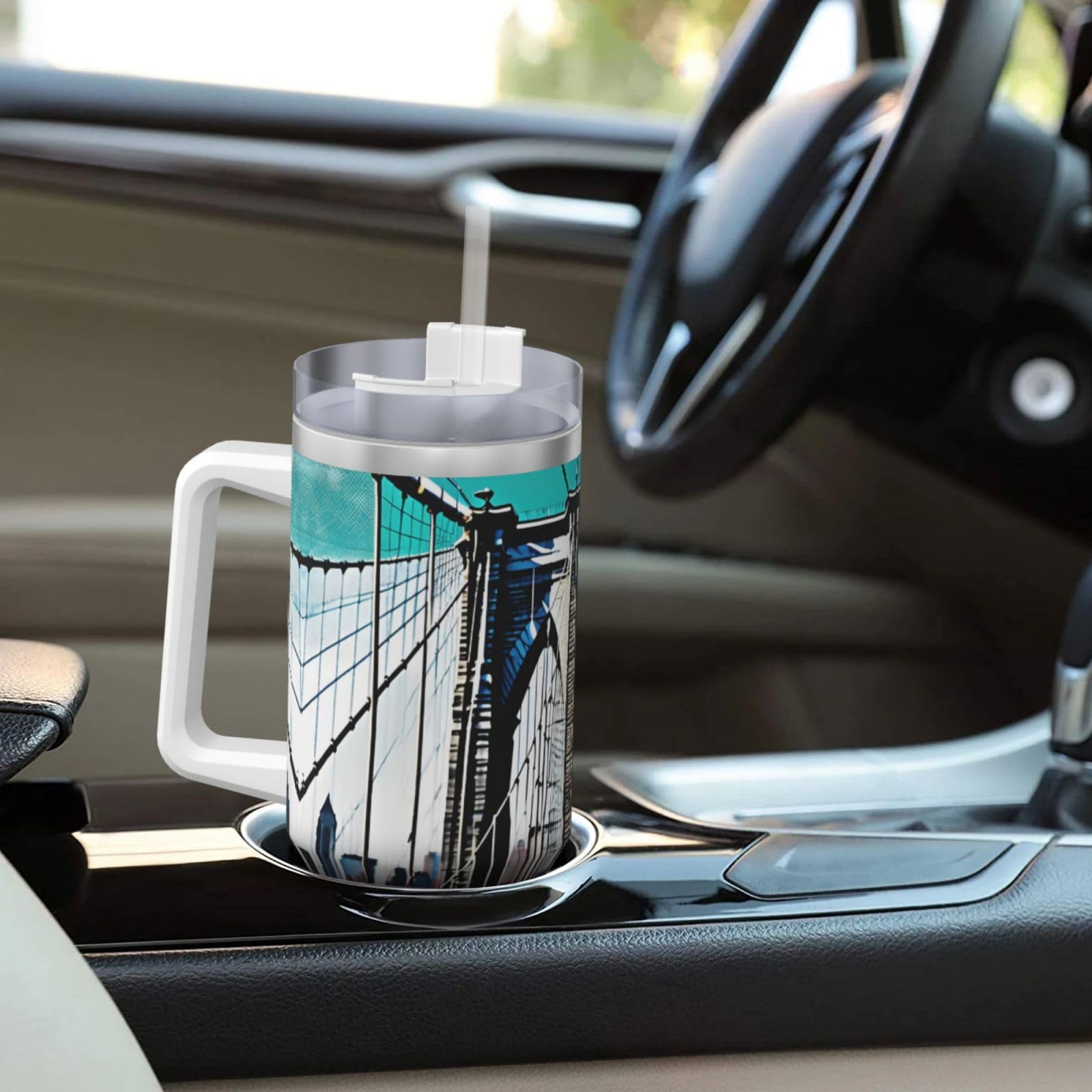 Brooklyn Bridge Wasserflasche aus Edelstahl, doppelwandig, isoliert, mit Griff und Strohhalm-Deckel, 1,2 l
