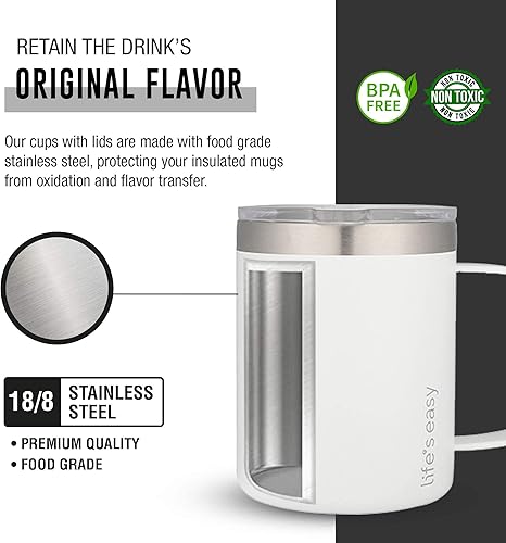 Miniatura 4 de Life's Easy Taza de acero inoxidable de 12 onzas con asa, vaso de viaje aislado de doble pared con tapa abatible, taza térmica para café, agua,