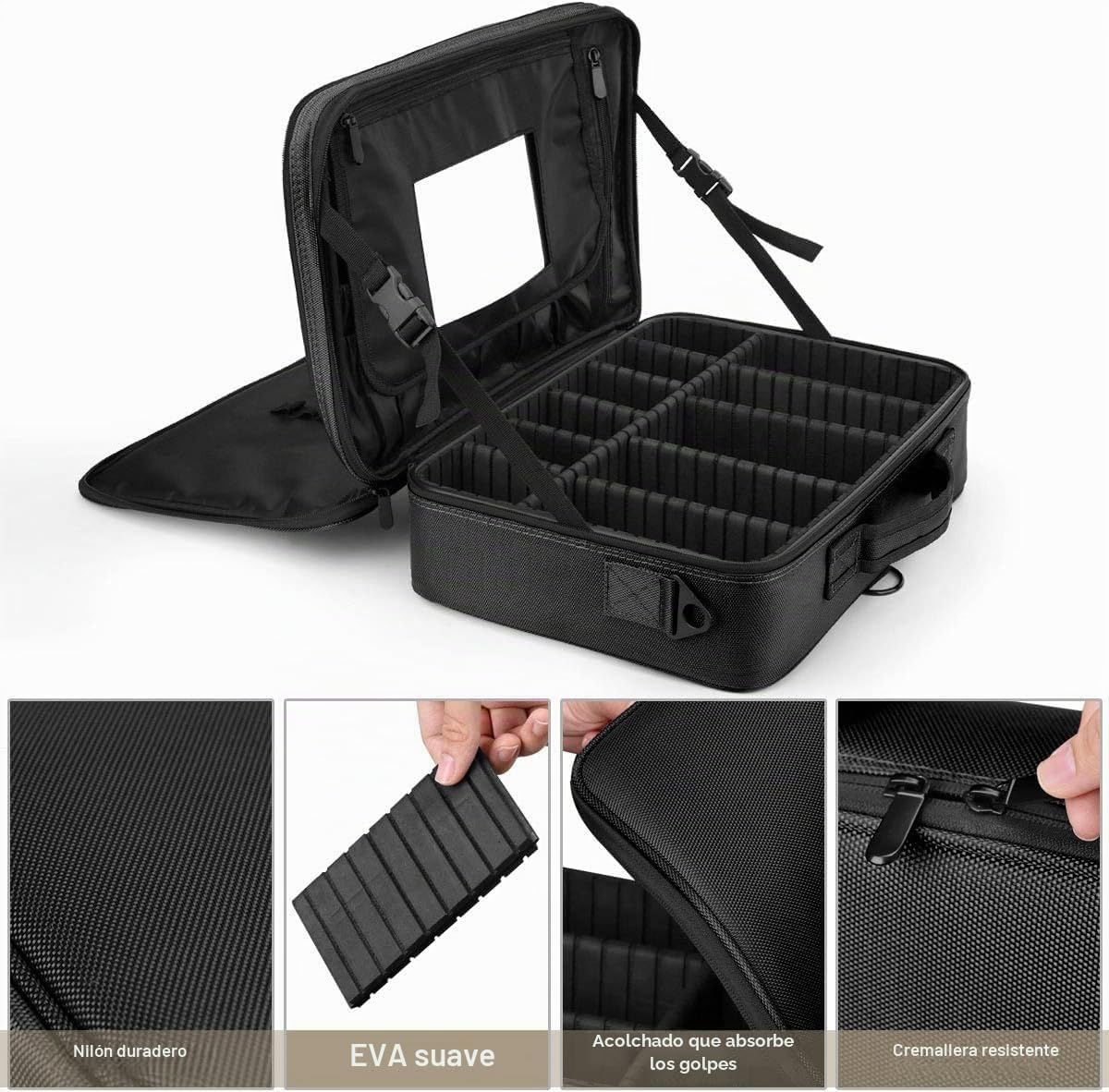 Luxspire Neceser Maquillaje con Divisor y Espejo para Mujer, Viaje Maletin Maquillaje Aseo Maleta Maquillaje Bolsa para Cosméticos, Organizador Estuche con Correa para Viaje Mujer, L - Negro