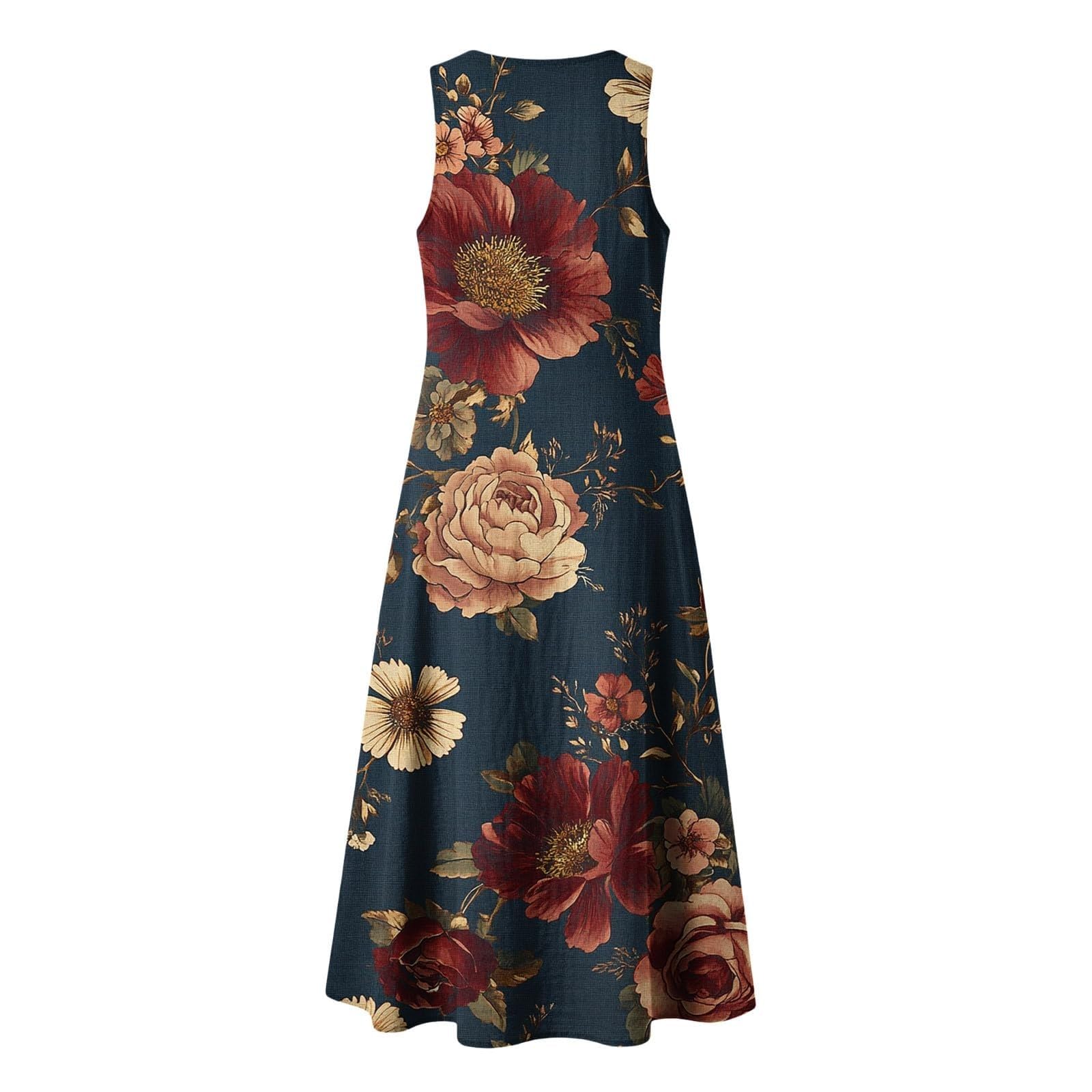 Generico Vestito Floreale Donna Estivo Senza Maniche in Misto Lino Vestiti Mare Boho da Spiaggia Abito Elegante Lungo con Scollo a V e Bottoni Abiti Casual Curvy Leggero per Vacanze Viaggio Uscite,