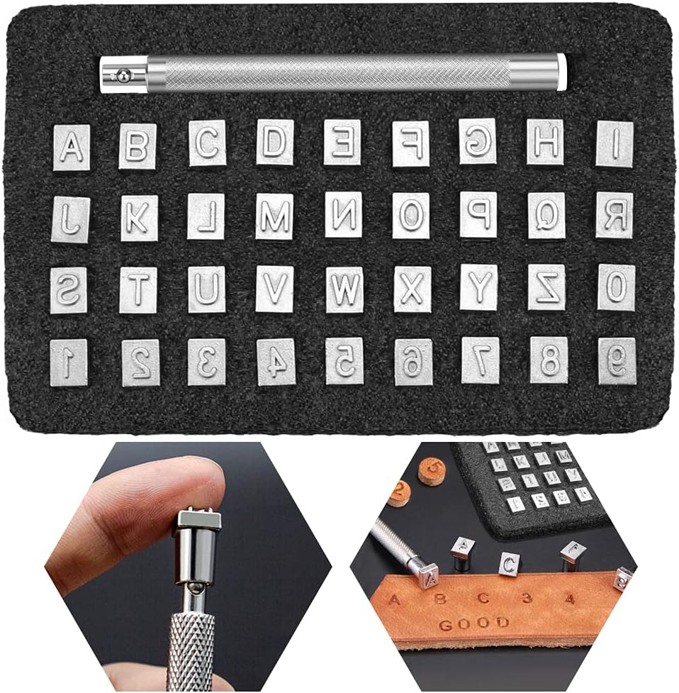 DURANTEY 36Pcs Leather Embossing Stamp Letter Punch Set 6mm Leather Stamping Tools Metal Letter Punch Letter Alphabet and Number Stamp Punch Kit with Stamping Handle for Leather Art Craft (6mm)
