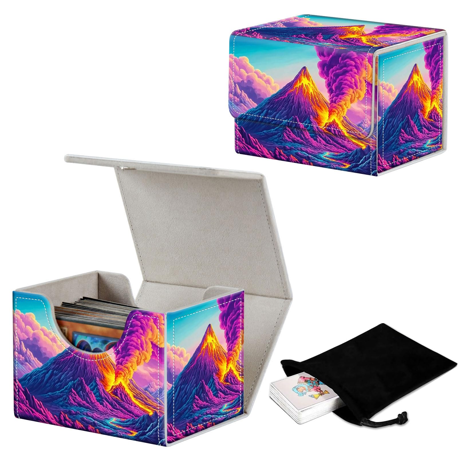 GYSYZJDH Stylish MTG Deck Box for 110+ Cards, Magnetic Commander Deck Case with Bonus Game Card Pouch, Durable Storage for TCG and Sleeved Magic Cards, Colorful Volcano Erupts