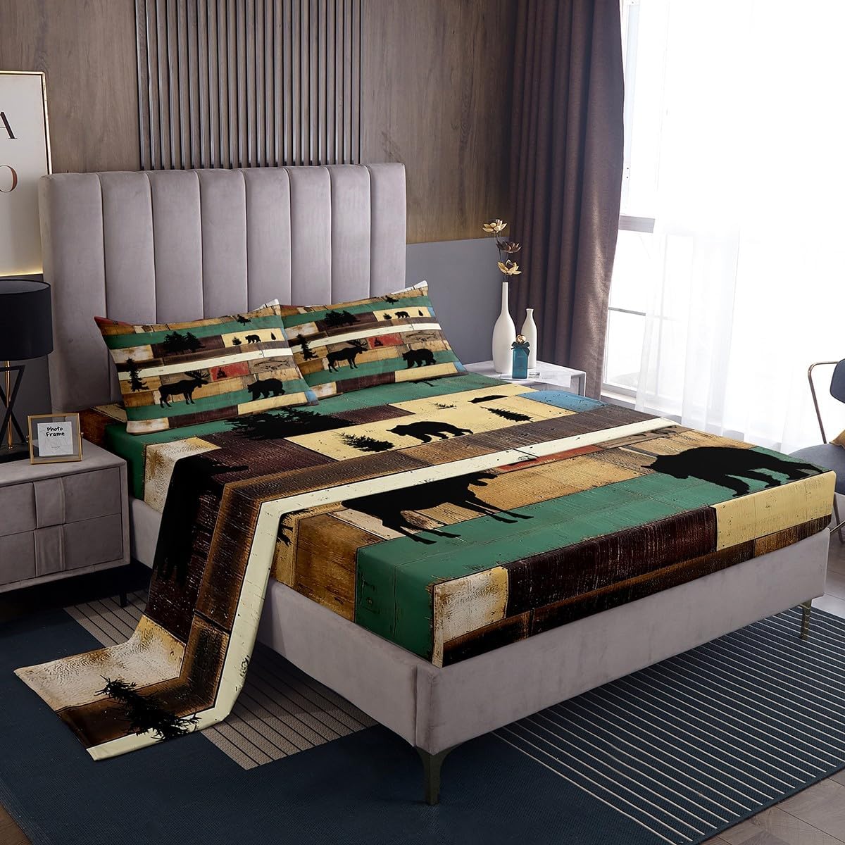 Western Lodge Cabin Sheet & Pillowcase Sets Bear Elk Bed Sheets Rustic RV Bedding Set Vintage Wooden Stripe Sheet Set for All Seasons Lightweight Sheets 4pcs with 2 Pillowcases Retro Decor