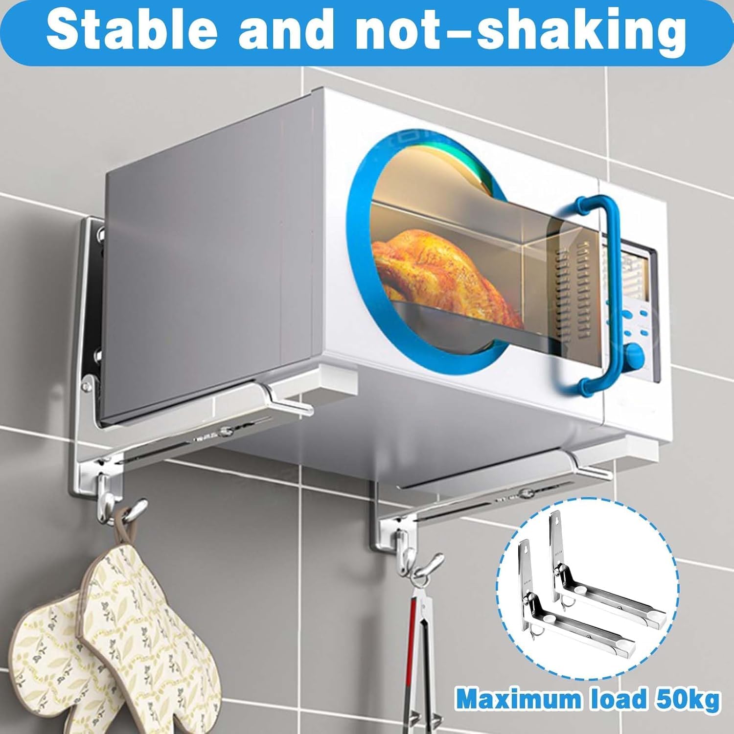 2 Microwave Wall Bracket, Universal Microwave Bracket Folding Shelf Bracket for Microwave Stainless Steel Wall Microwave Frame with Mounting Accessories Silver — view 3