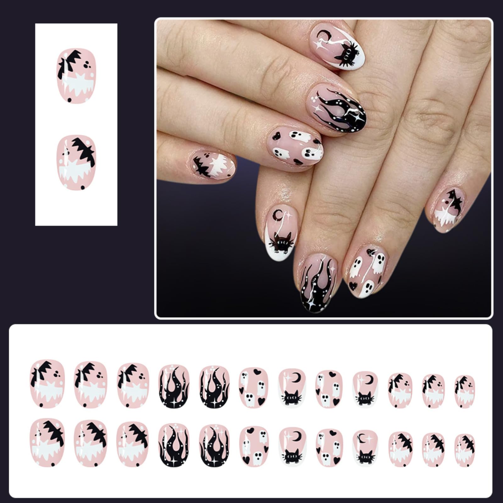 Halloween Press on Nails for Women 24Pcs False Nails with Ghost Cat Bat Designs - Image 2