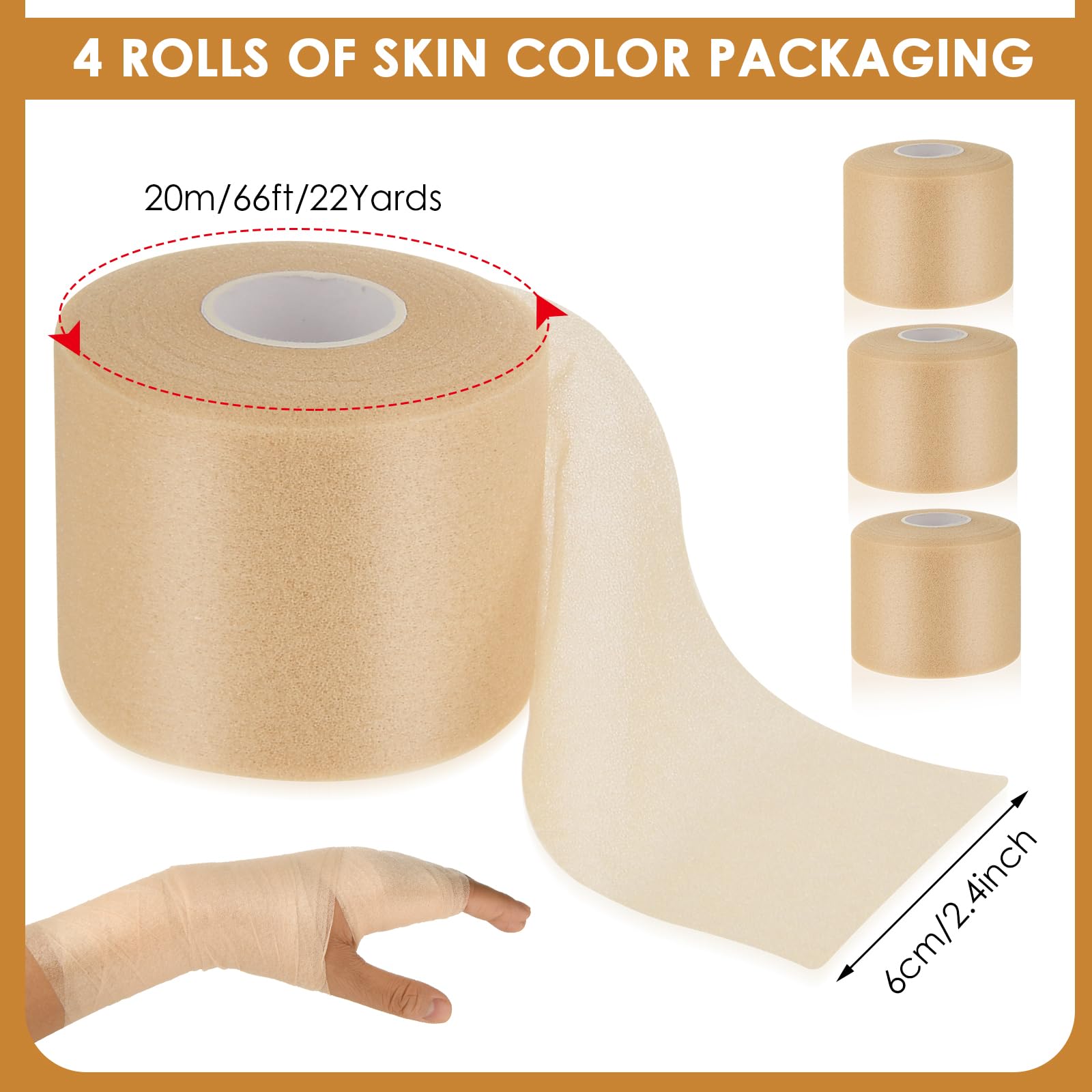 4 Rolls Pre Wrap Athletic Tape, Foam Underwrap Sports Tape Athletic, Self Adhesive Bandage Wrap for Arm Wrist Hair Soccer, Prewrap Tapes to Protect Ankles Wrists Knees(Skin Color, 88 Yards)