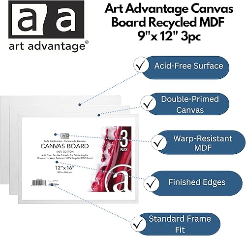Miniatura 2 de Art Advantage Tablero de lienzo reciclado MDF 12x16, 3 piezas, paneles de lona MDF reciclados para pintura, lienzos para pintura, lienzos para