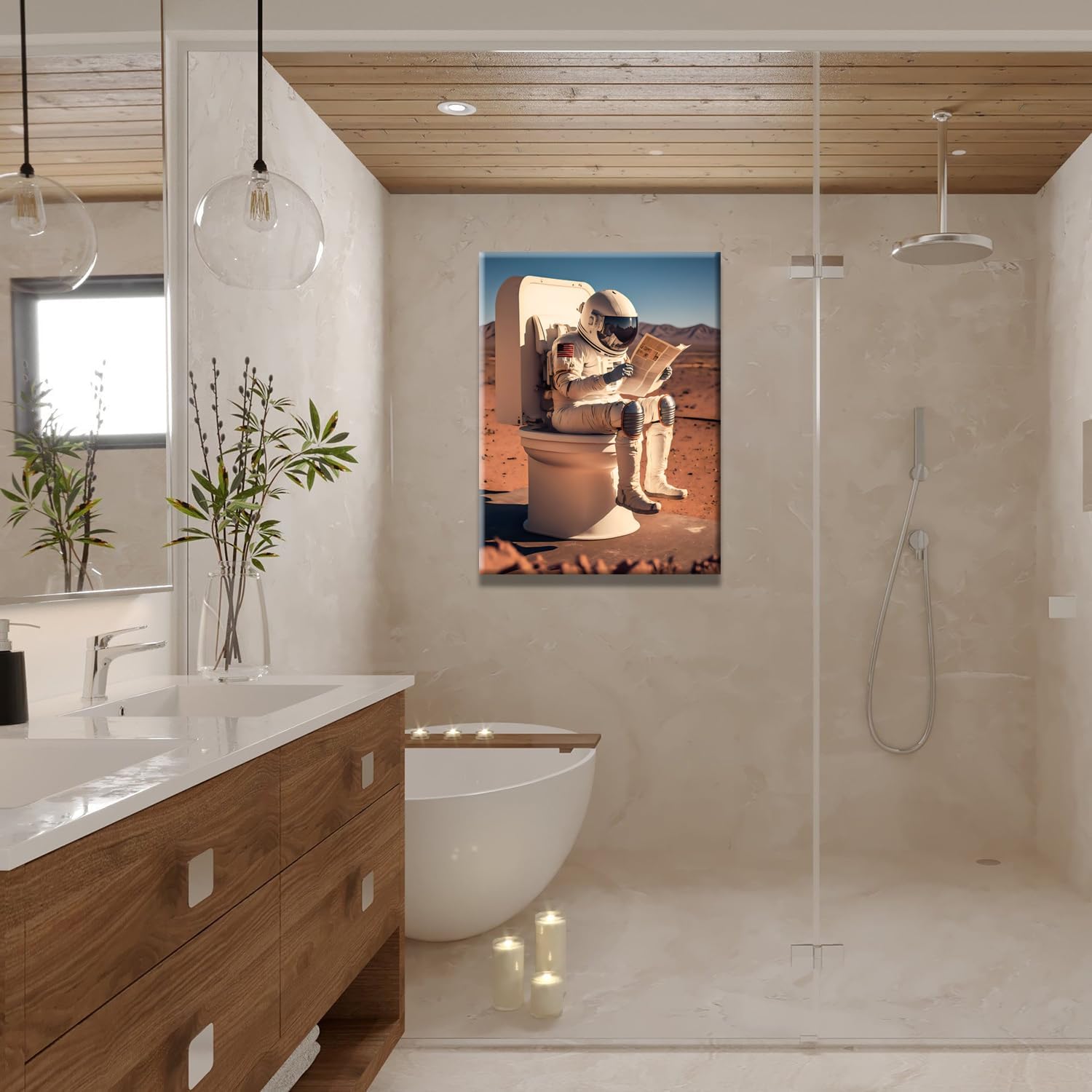 Framed Astronaut Wall Art Space Culture Painting Pictures Wall Decor Colorful Funny Astronauts On The Toilet Canvas Artwork Space Boys Room Home Decor For Bedroom Living Room Office 16X24 Inch