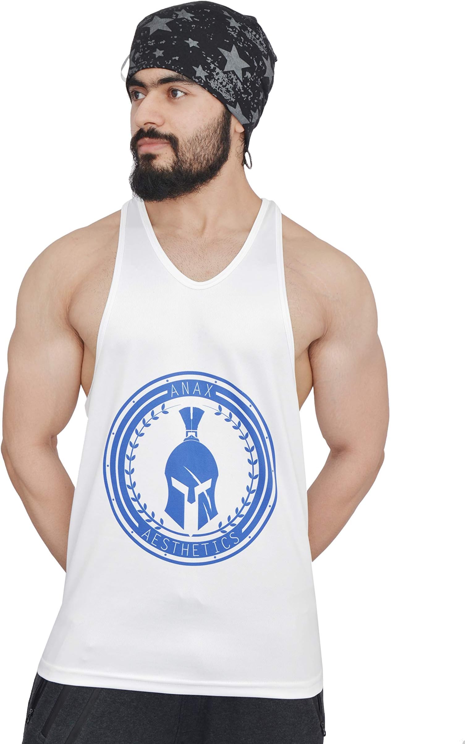 Men's Sleeveless Polyester Gym Vest Stringer Sando Tank Top Big Logo Gym Vest for Men [White and Blue (Size- Large(40)]