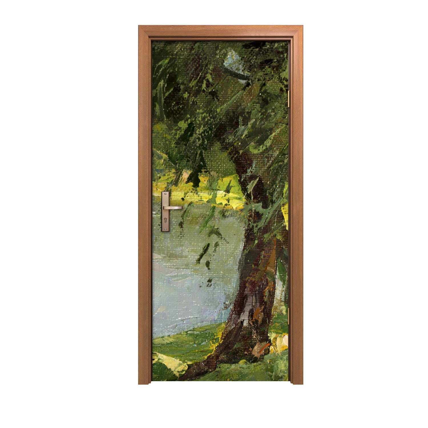 Autocollant de porte effet peinture artistique arbres et lacs géant 90x200