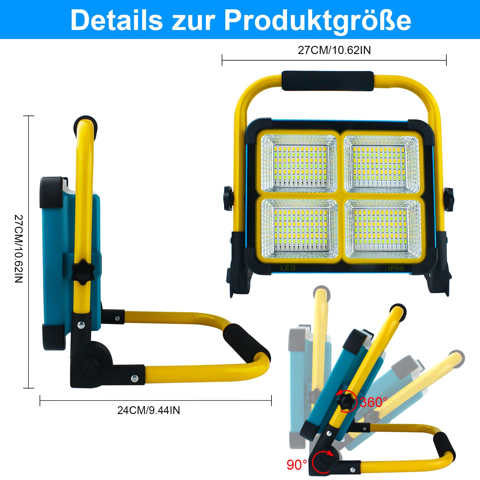 100W Baustrahler LED mit Stativ | 10000LM Tragbare Arbeitsleuchte | 16500mAh Akku mit USB-C & Solarladung | IP66 Wassergeschützt | 4 Lichtmodi | Für Werkstatt, Baustelle, Camping