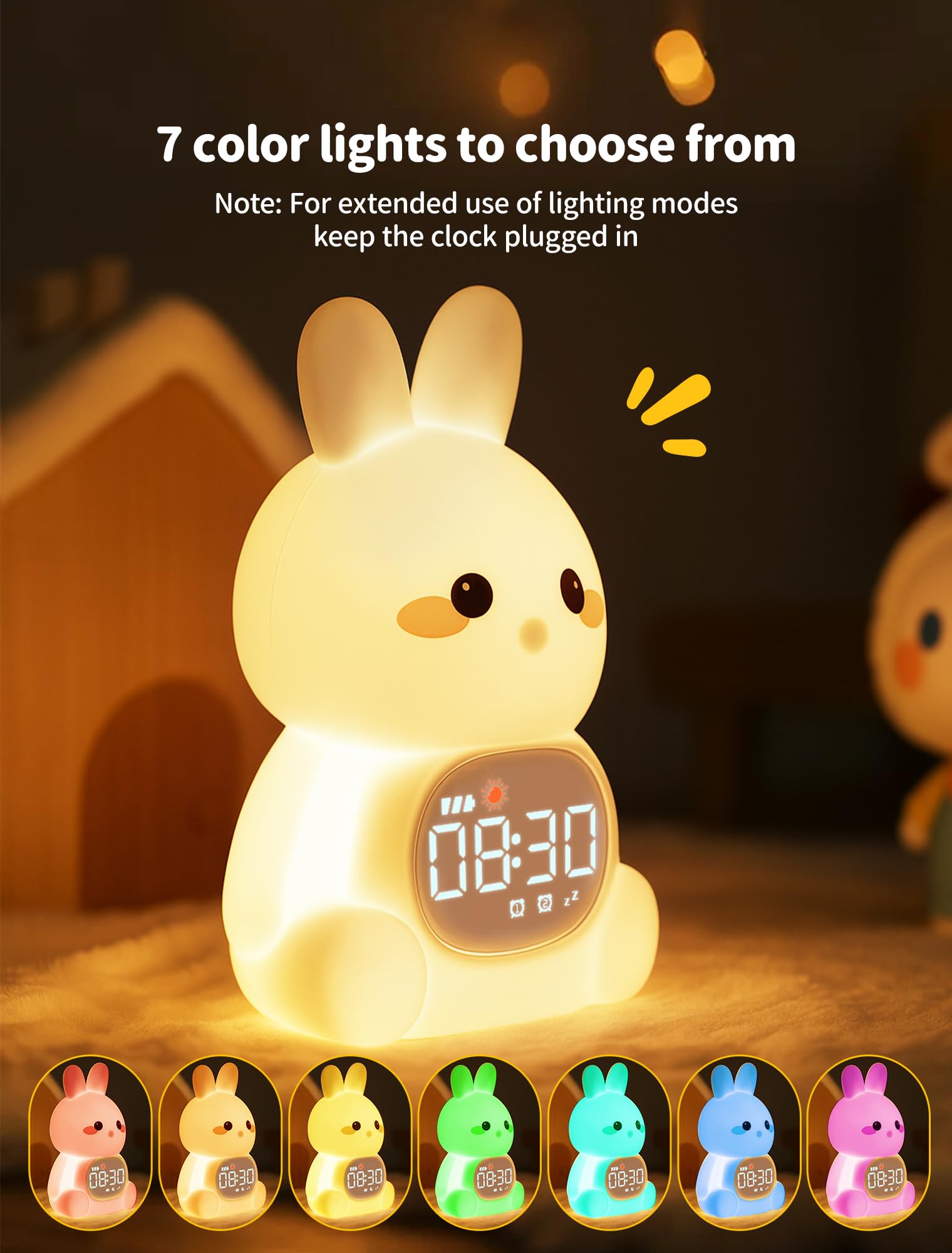 MASHI Reloj despertador de conejo, reloj de entrenamiento para dormir con sol y luna, máquina de sonido para dormir, luces nocturnas, reloj despertador para niños, ideas para niños