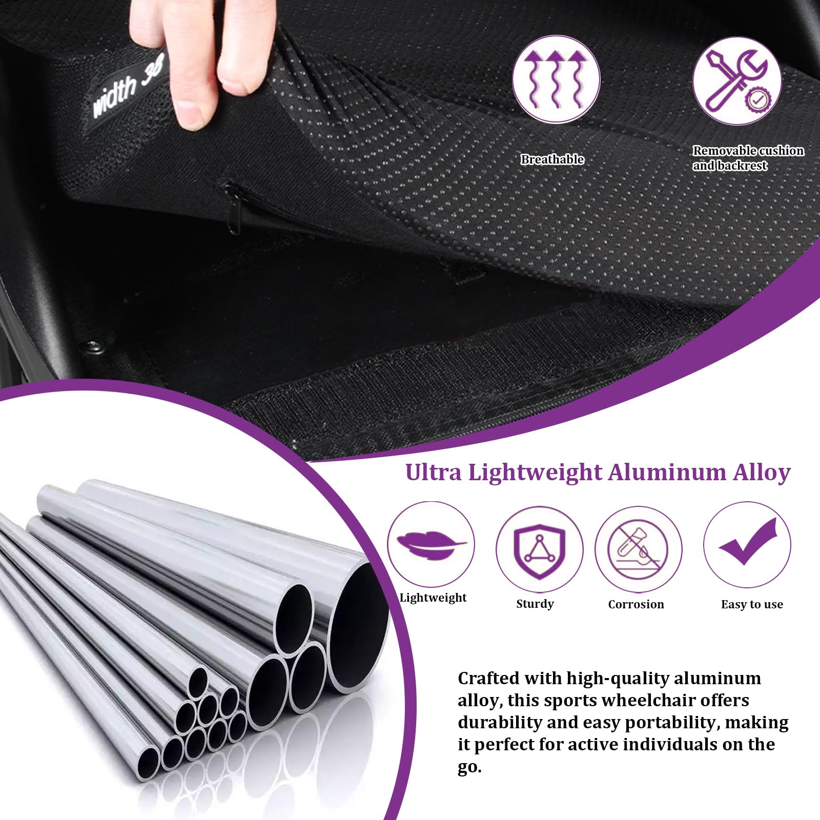 Sedia a rotelle Ultraleggera ad autospinta per Disabili, Carrozzina Sportiva, in Alluminio, da Transito, poggiapiedi Rimovibili(42cm/16.5in Seat,Black)