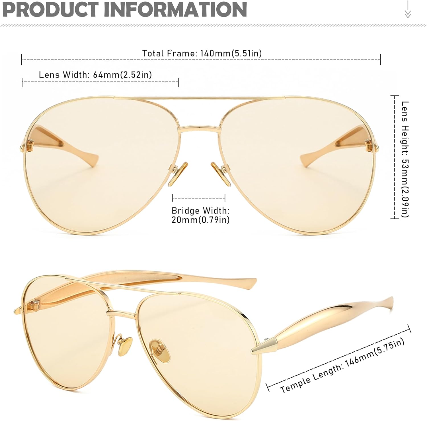 Long Keeper Retro Pilot Sunglasses for Women Men Gold Metal Oversized Aviation Sunglasses Trendy Big 70s Double Bridge Shades - Image 4