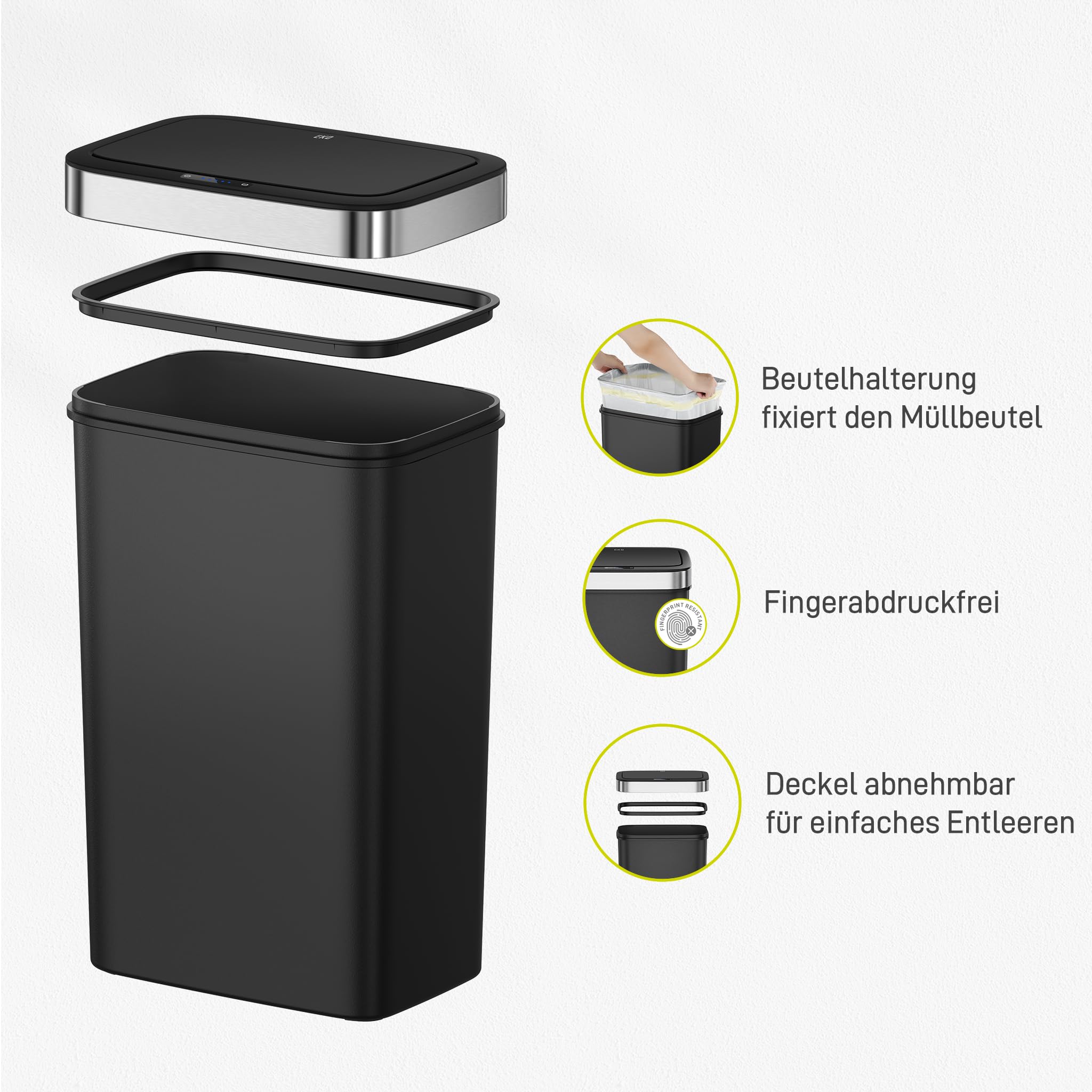 EKO Hana Deluxe 50L Mülleimer mit Sensor, Automatischer Mülleimer Küche, rechteckiger Bewegungssensor Abfalleimer, Soft Closing Deckel, fingerabdruckfrei, elektrischer Mülleimer, Schwarz, Kunststoff