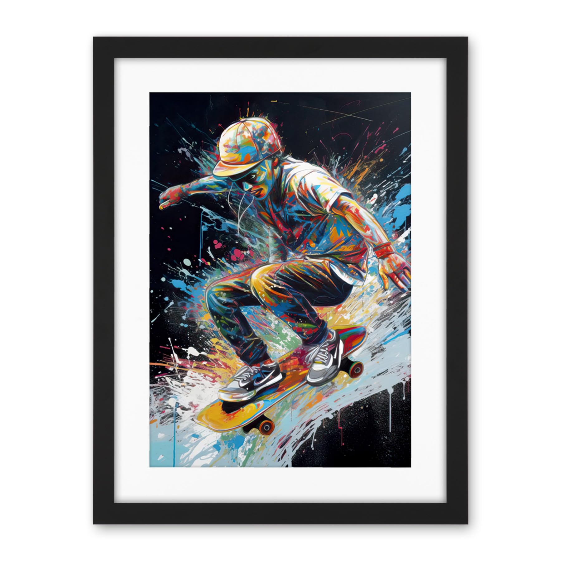 Artery8 Skateboarder Skating Multicoloured Splat Paint Artwork Framed Wall Art Print 18X24 Inch