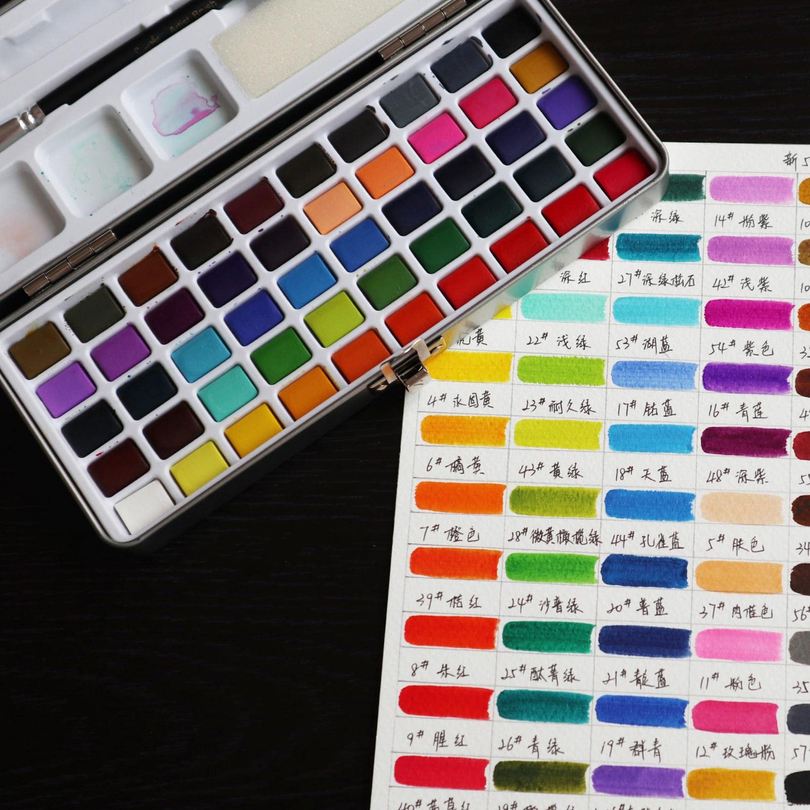 Wasserfarben Set mit Vielseitigen 100 Farben Aquarellfarben Set mit Gouachepalette Und Pinselset in Metallbox Und Langlebig für Bastelarbeiten, 50 Farbdosen-Set