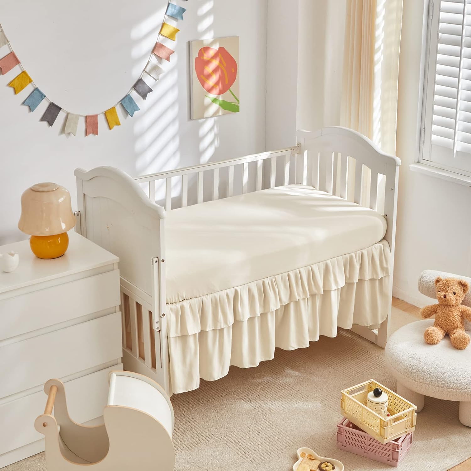 Juego de ropa de cama para cuna pequeña de 3 piezas, edredón acolchado con volantes y sábana bajera ajustable y falda de cama con volantes, bonita ropa de cama desgastada para bebé, solo para cuna,