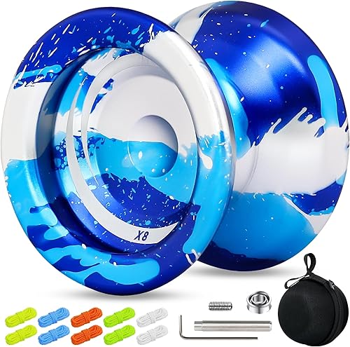 X8 Finger Spin Yoyo Yoyo profesional sensible para niños de 8 a 12 años, yoyo de aluminio de metal de doble propósito con funda, kit de rodamientos,