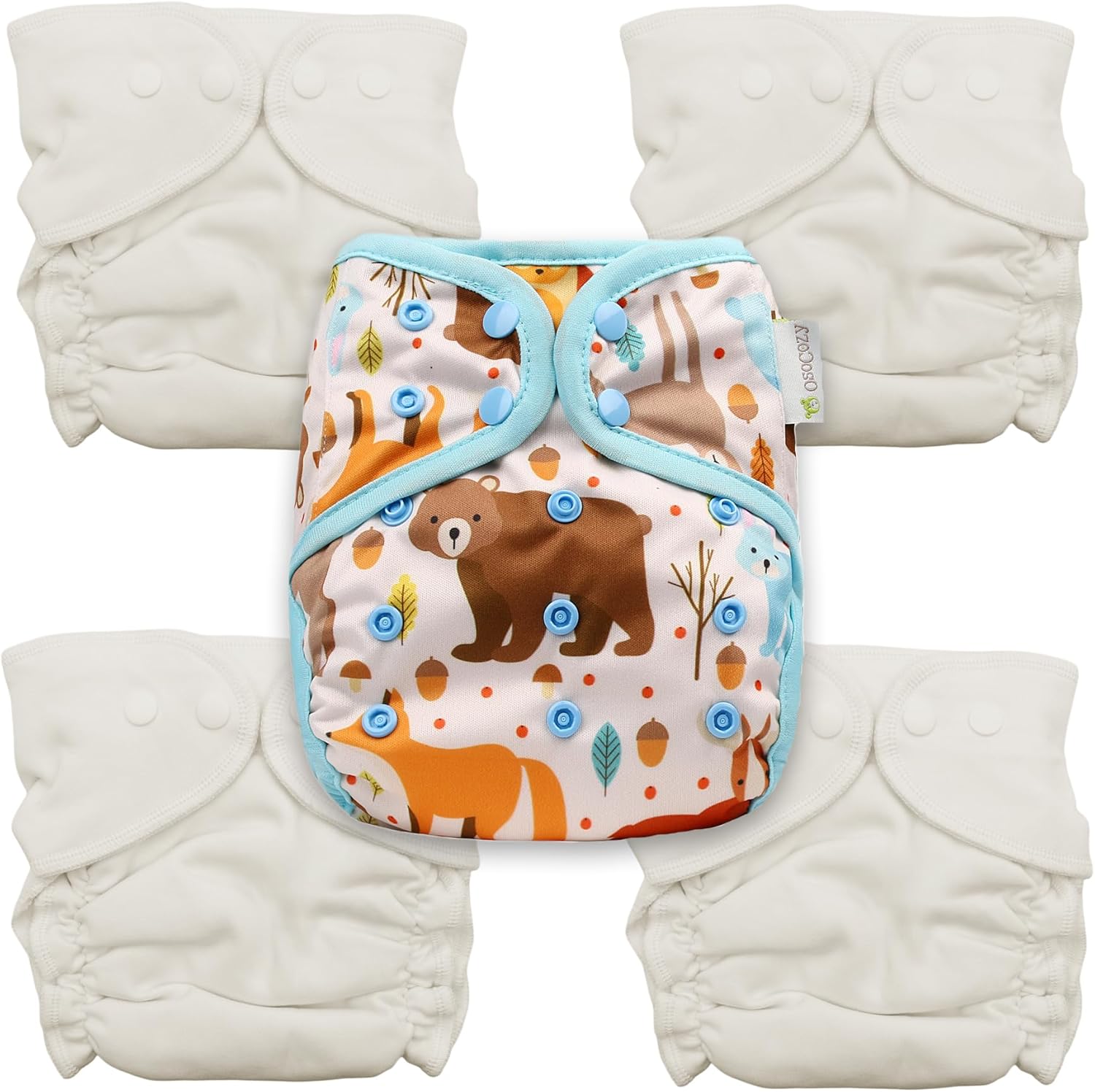 4 Size 2 Cozy Cubs Deluxe Interlock Fitted Diapers + OsoCozy One Size Diaper Cover Bundle (Forest) | 100% Cotton Reusable Cloth Diaper Set | Waterproof PUL Cover with Double Gussets