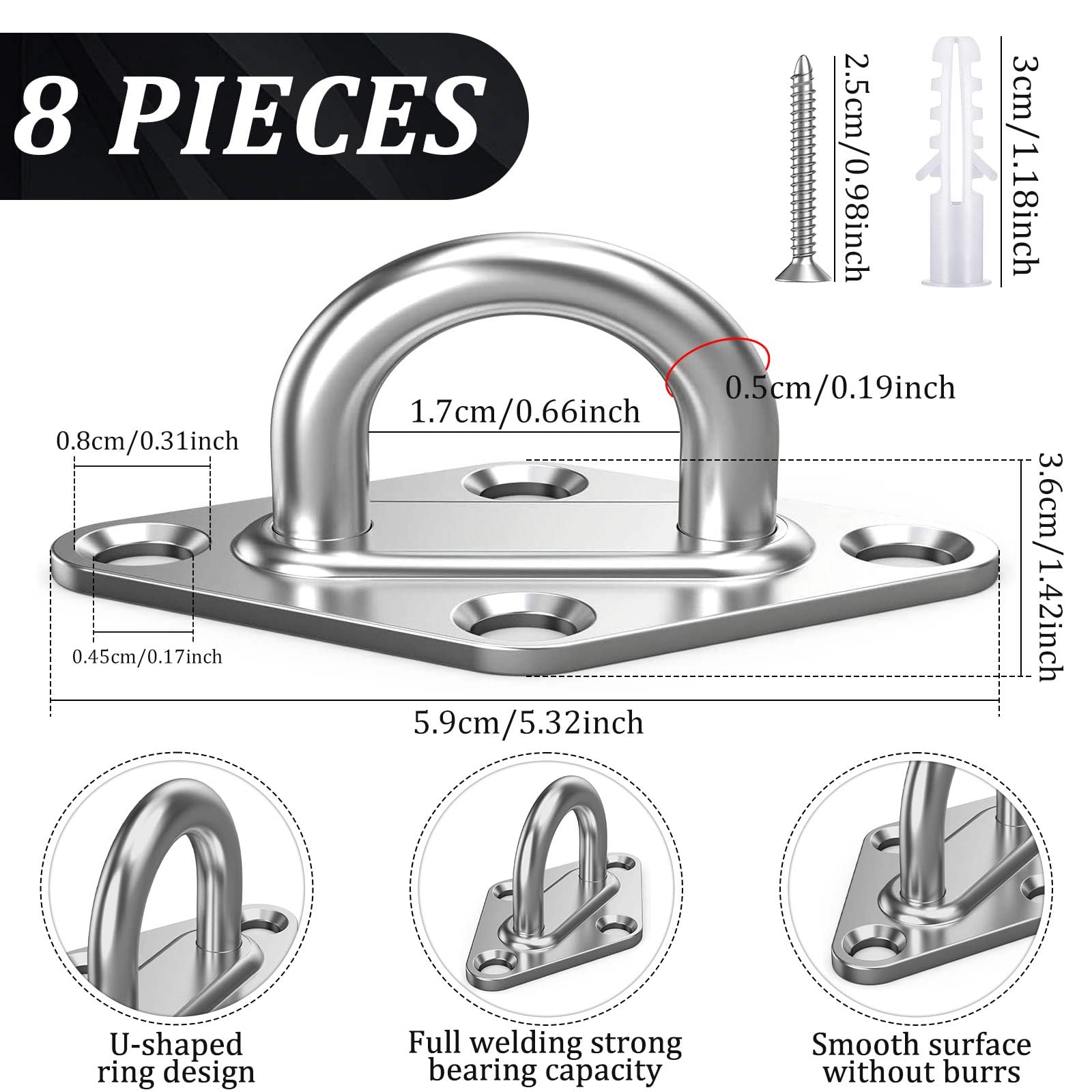 M5 Ganchos Placa de Ojo,8 Piezas Placa Ocular Acero Inoxidable,Gancho Techo Rombo Resistente Forma U,Anclaje Pared Gancho Fijación Metal con Kit de Tornillos para Suspensión Fijación Artículos
