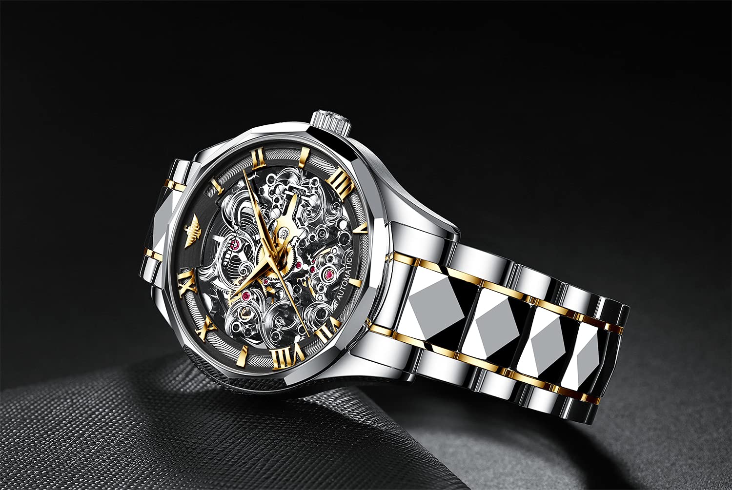 OUPINKE Men's Silver Skeleton Mechanical Luxury Wrist Watches