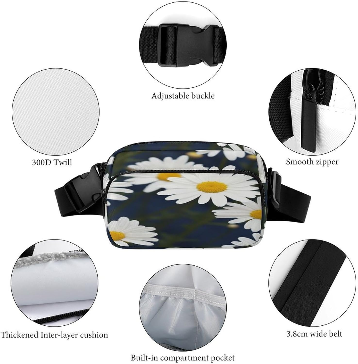 Flowers Daisy Fanny Pack Belt Bag with Adjustable Strap Fashion Waist Bag for Outdoor Sports Hiking