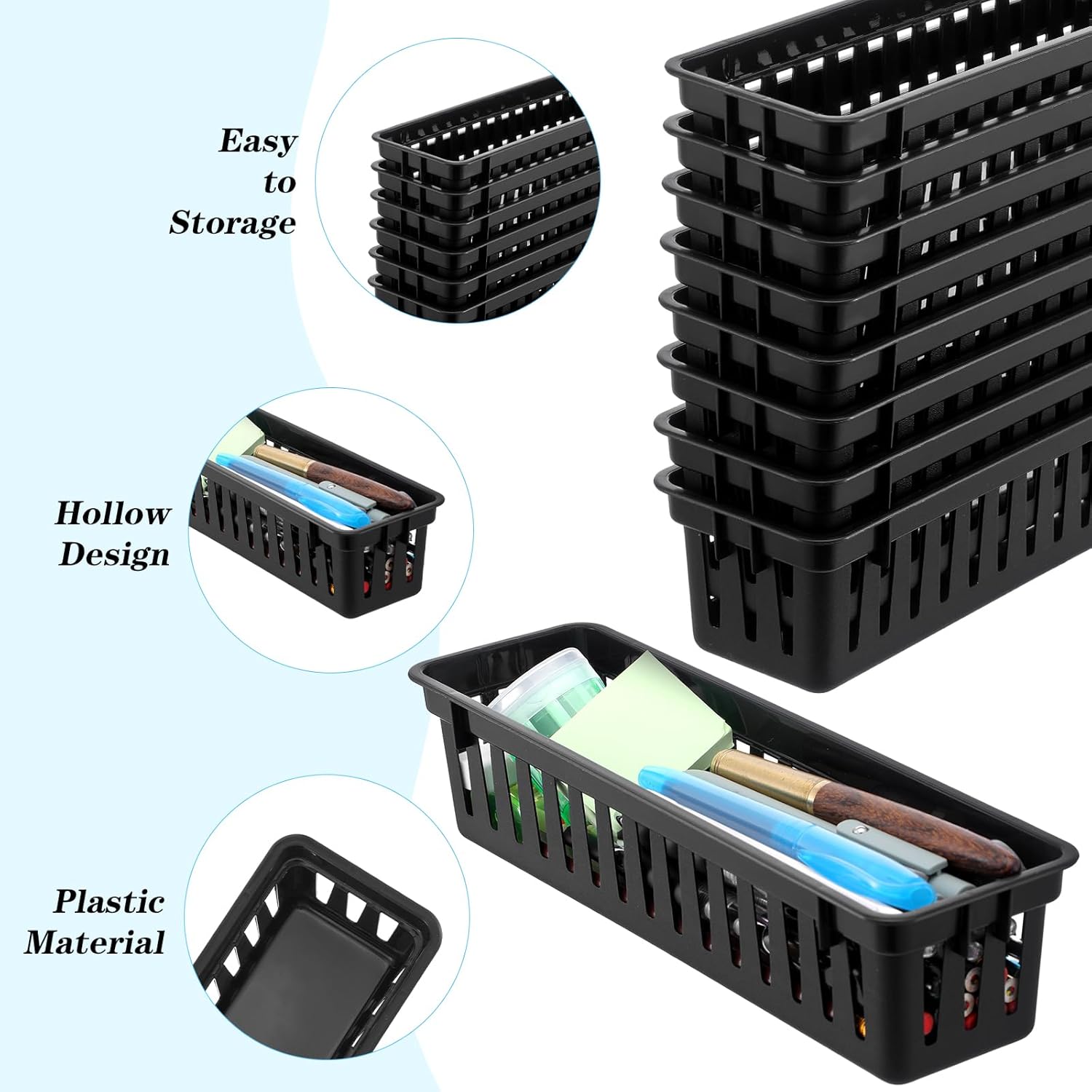 24 Pcs Narrow Plastic Pencil Basket Trays, 10" x 3" Plastic Baskets for Storage, Small Black Narrow Plastics Pencil Basket for Classroom Desk Home Office Organizing Supplies