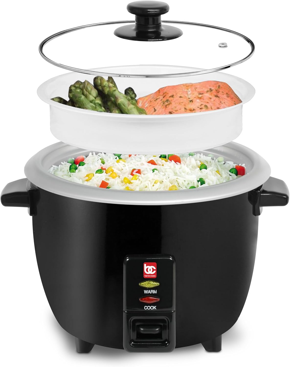 Bene Casa Rice Cooker Black Cook 2-12 Cups of Cooked Rice, And Food Steamer