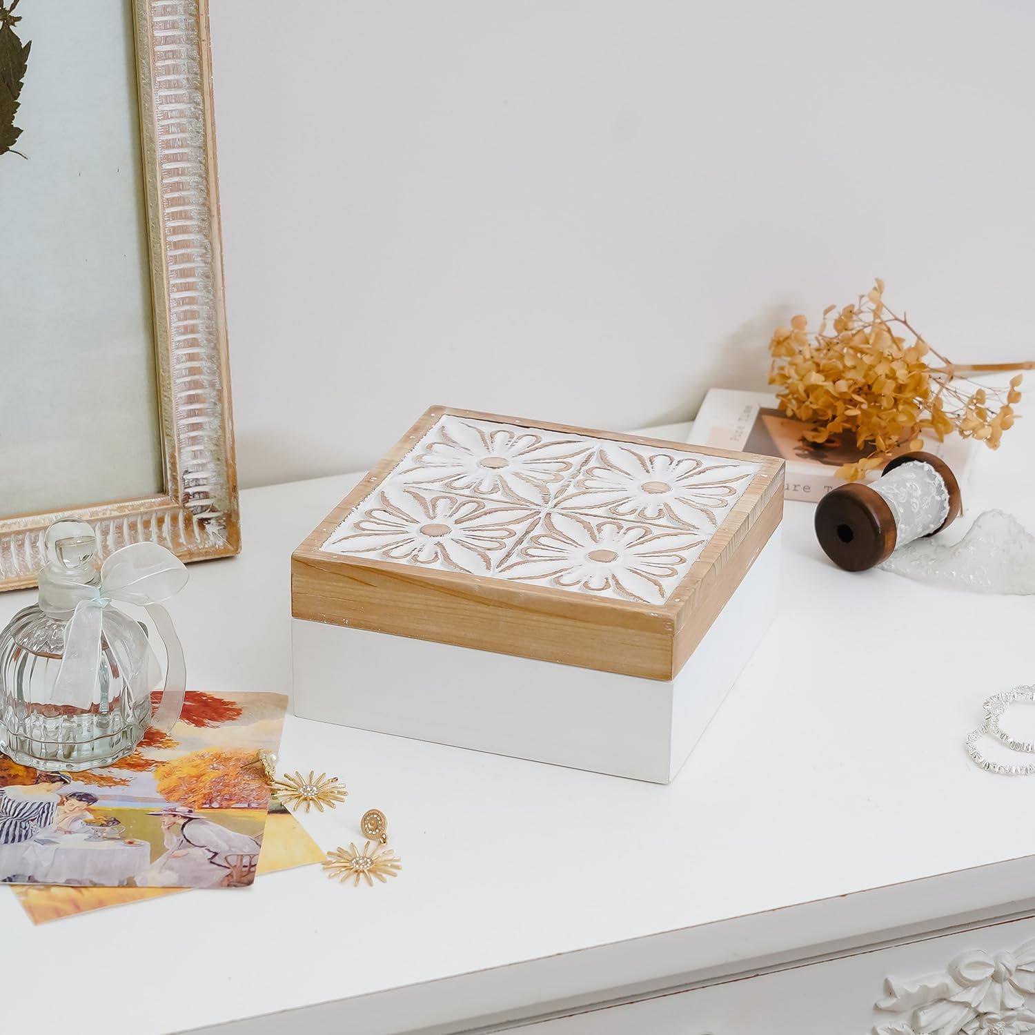 Small Decorative Box with Lid Wooden Keepsake Storage Box Carved Flower Handmade Jewelry Box Rustic Trinket Box Table Organizer - 7.1 x 7.1 x 3.2 Inches - Image 3