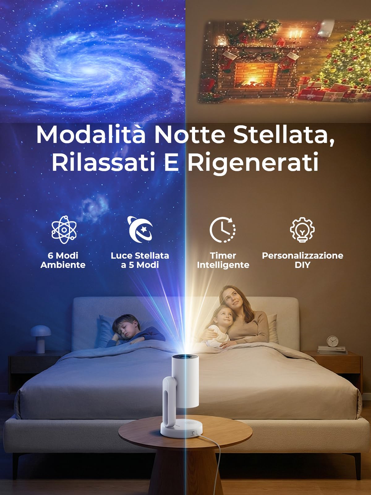 ETOE Mini Proiettore con Google TV e Netflix, Videoproiettore con Luce Stellata e Luce Notturna, 1080P Nativo, Autofocus, Controllo Vocale, Rotazione 140°/Design Sigillato, Per Camera da Letto