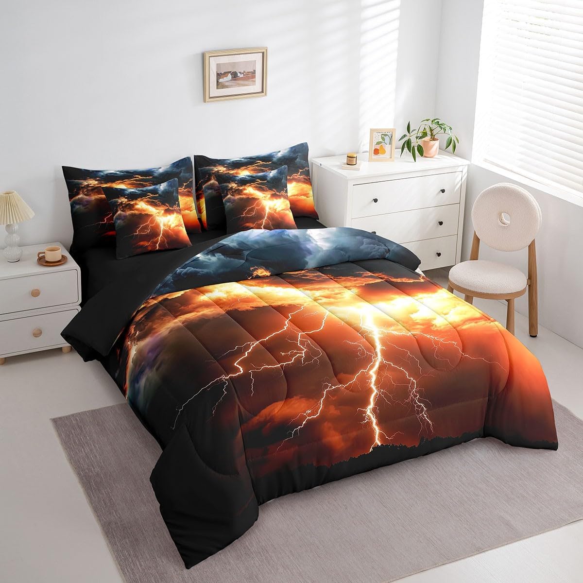 Erosebridal Lightning Storm Bedding Sets for Kids Boys,Red Lightning 7 Piece Queen Comforter Set Teen Men Adults,Grey Dark Clouds Bed in A Bag Natural Disaster Sheet Set with Comforter