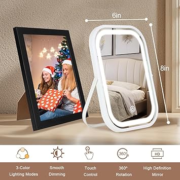 YEKKOPT Travel Makeup Mirror with Lights, Portable Small Beauty LED Vanity Mirror with Lights, 1200mAh Battery, Dimmable Touch Screen, Tabletop Folding Compact Mirror,Women Gift
