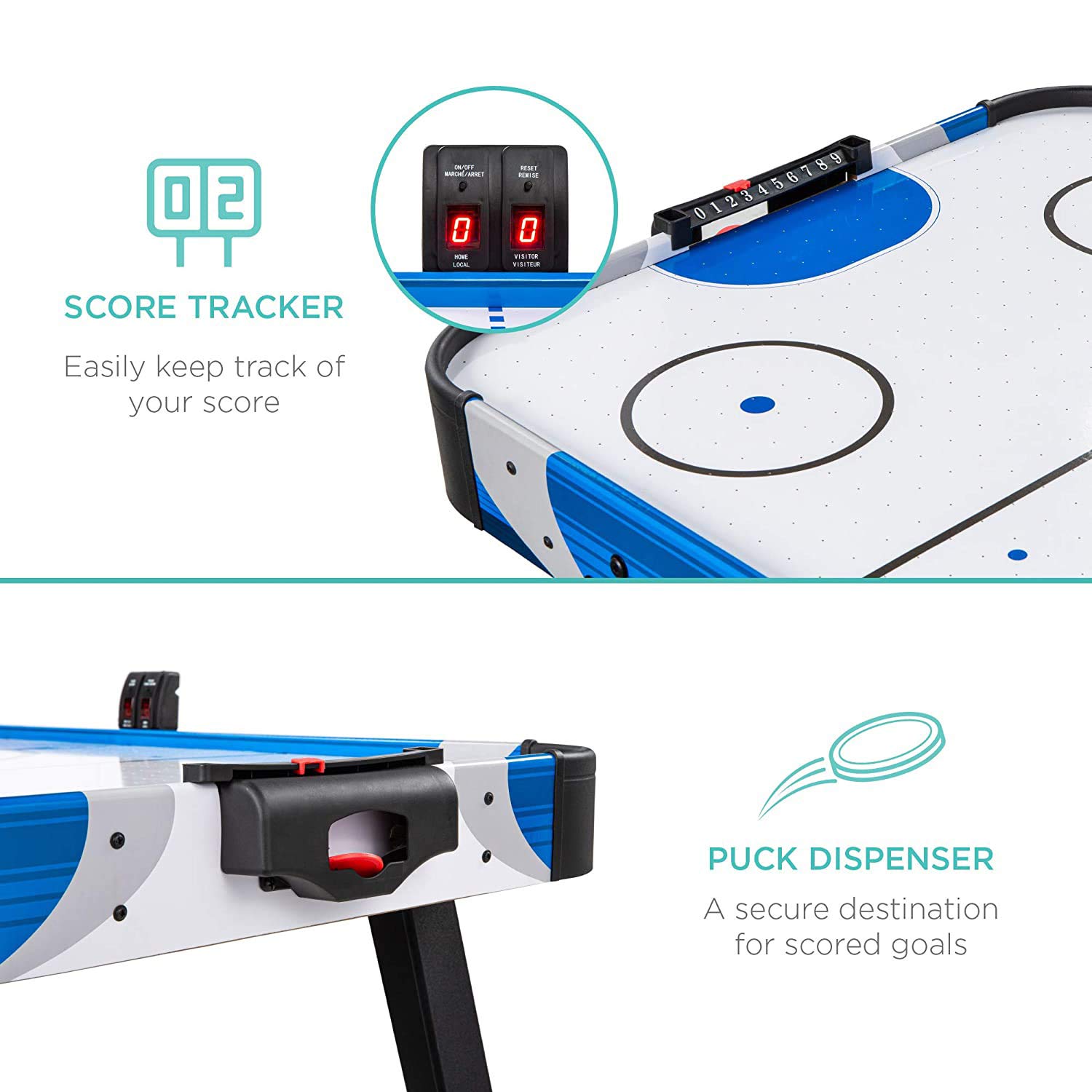 Mesa de hockey de aire estilo arcade de tamaño mediano de 58 pulgadas para sala de juegos, hogar, oficina con 2 discos, 2 empujadores, tablero de puntuación LED digital, potente motor de 12 V, bolsa
